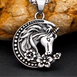 925 Sterling Silver Unicorn Horse In Crescent Moon NO FADE Necklace Bohemian